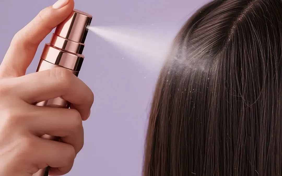Close-up of a hand spraying hair growth mist onto a patient's scalp.